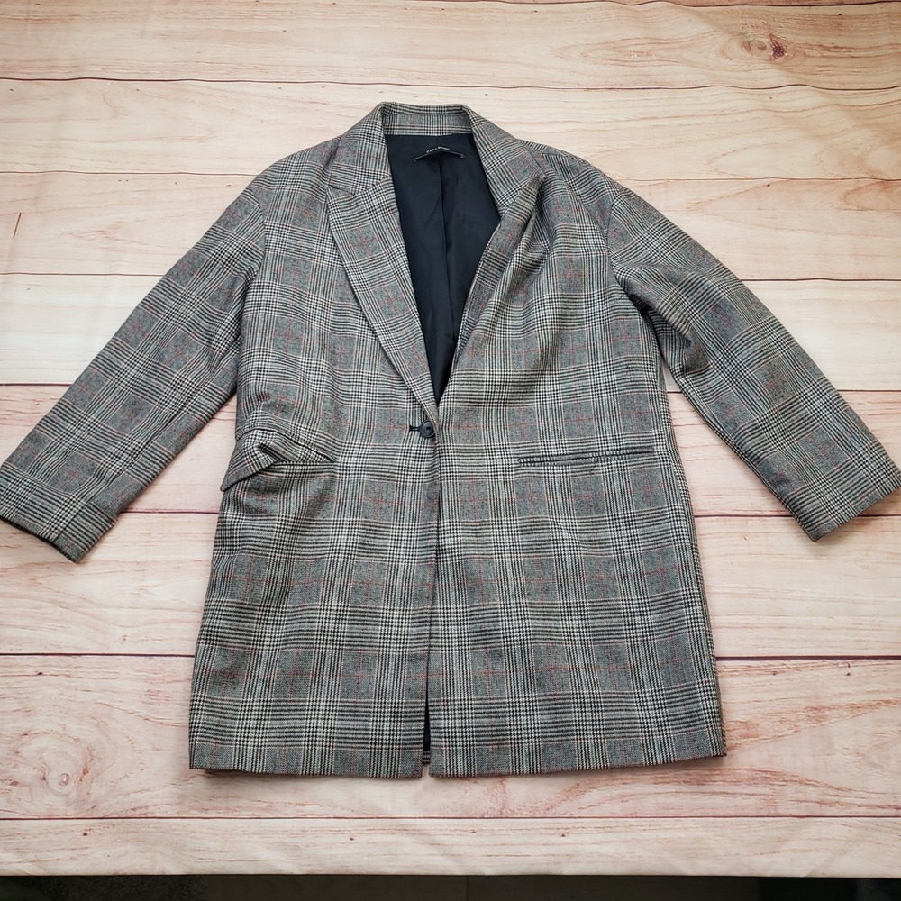 Zara Basic Jacket Mens XS Gray Black‎ Glen Plaid Wool Blend Single Button Blazer